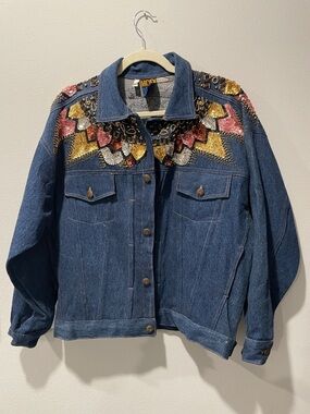Vintage 90s Denim Embellished Jean Jacket with Multicolor Beaded Sequined Yoke